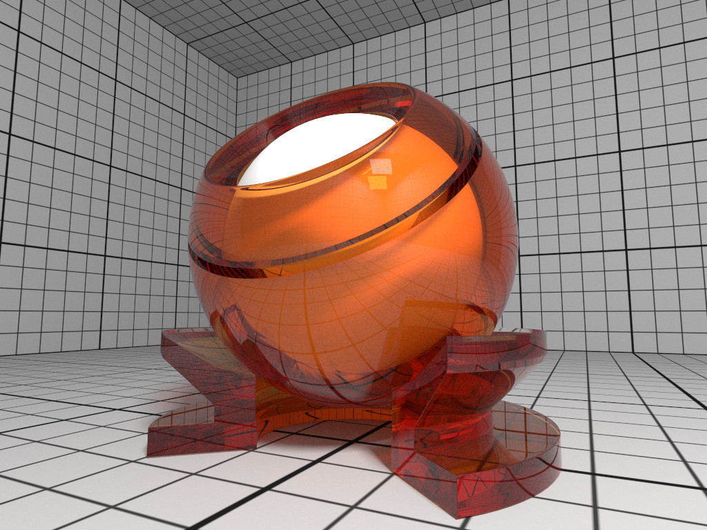 Rendering of a Glass material with orange attenuation.